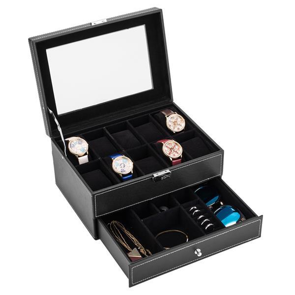 Mens Watch Box Organizer with 10 slots, lockable, featuring a real glass top and faux leather exterior in black and white.