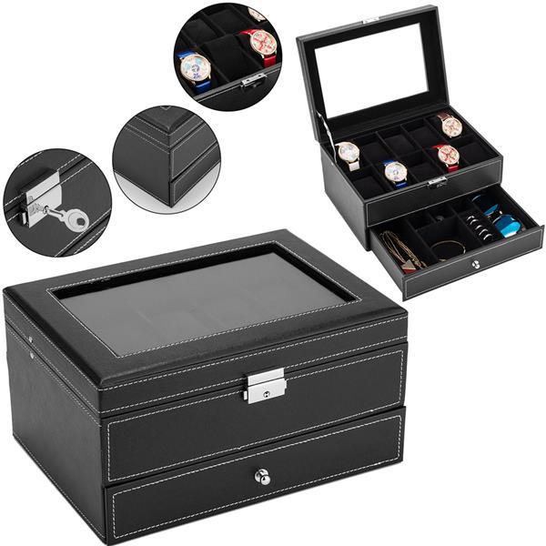 Mens Watch Box Organizer with 10 slots, lockable, featuring a real glass top and faux leather exterior in black and white.