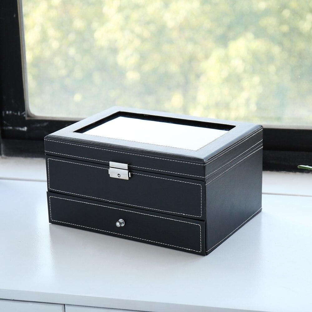 Mens Watch Box Organizer with 10 slots, lockable, featuring a real glass top and faux leather exterior in black and white.