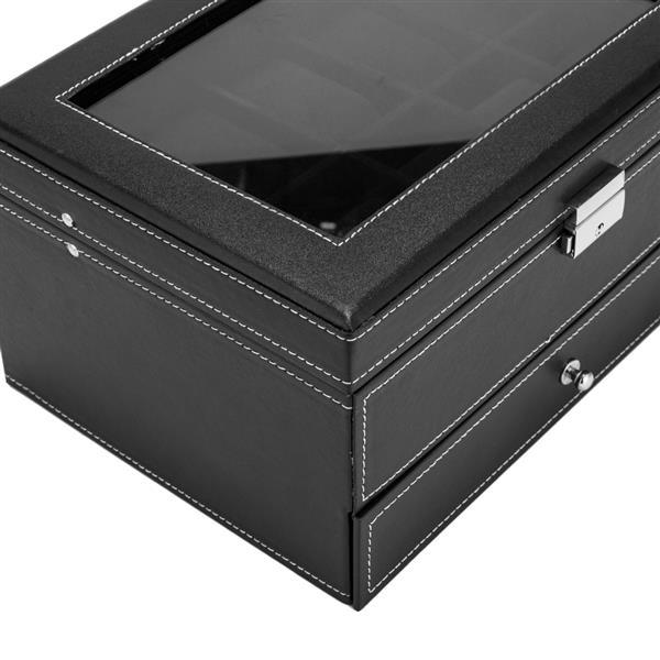 Mens Watch Box Organizer with 10 slots, lockable, featuring a real glass top and faux leather exterior in black and white.