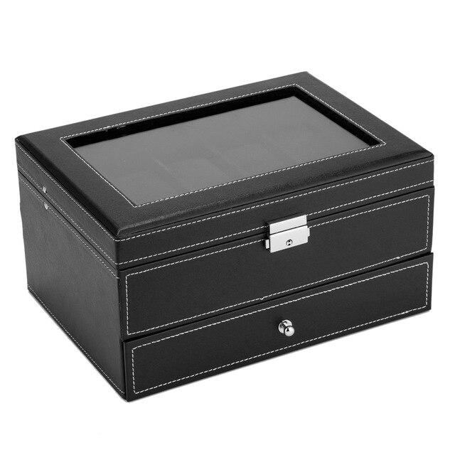 Mens Watch Box Organizer with 10 slots, lockable, featuring a real glass top and faux leather exterior in black and white.