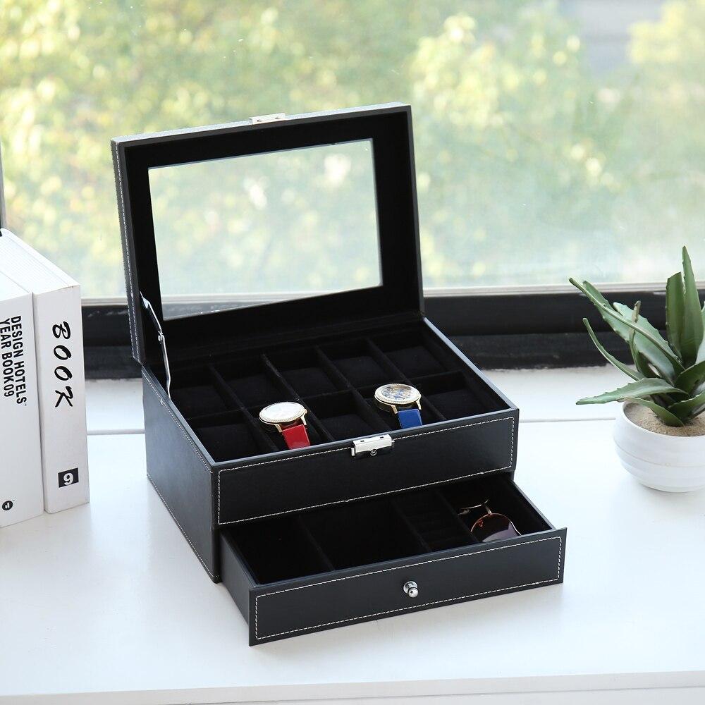 Mens Watch Box Organizer with 10 slots, lockable, featuring a real glass top and faux leather exterior in black and white.