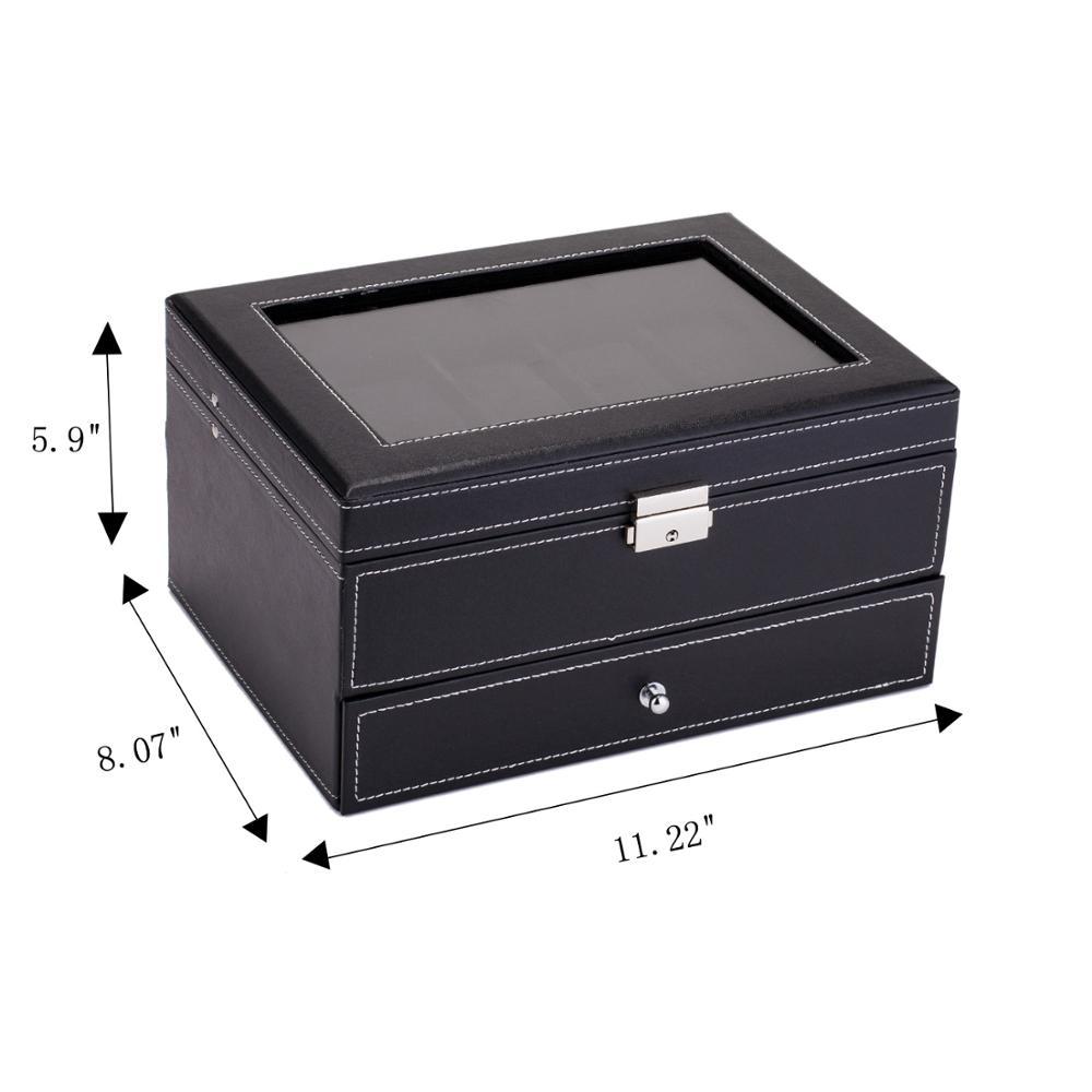 Mens Watch Box Organizer with 10 slots, lockable, featuring a real glass top and faux leather exterior in black and white.