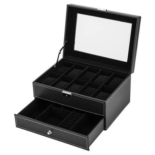 Mens Watch Box Organizer with 10 slots, lockable, featuring a real glass top and faux leather exterior in black and white.