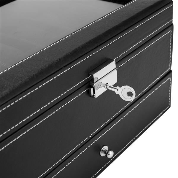 Mens Watch Box Organizer with 10 slots, lockable, featuring a real glass top and faux leather exterior in black and white.