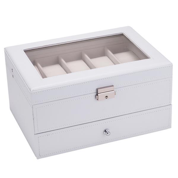 Mens Watch Box Organizer with 10 slots, lockable, featuring a real glass top and faux leather exterior in black and white.