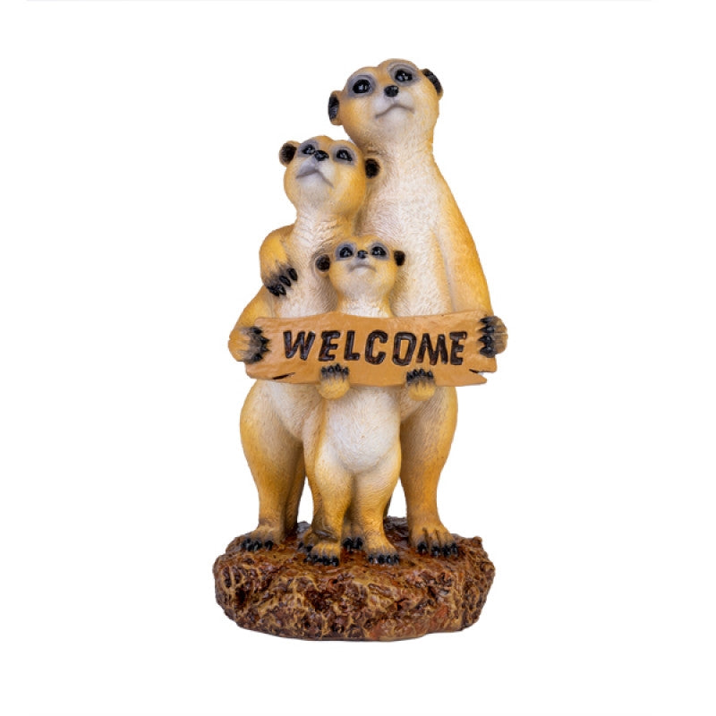 A charming meerkat family holding a welcome sign, showcasing realistic fur texture and details.