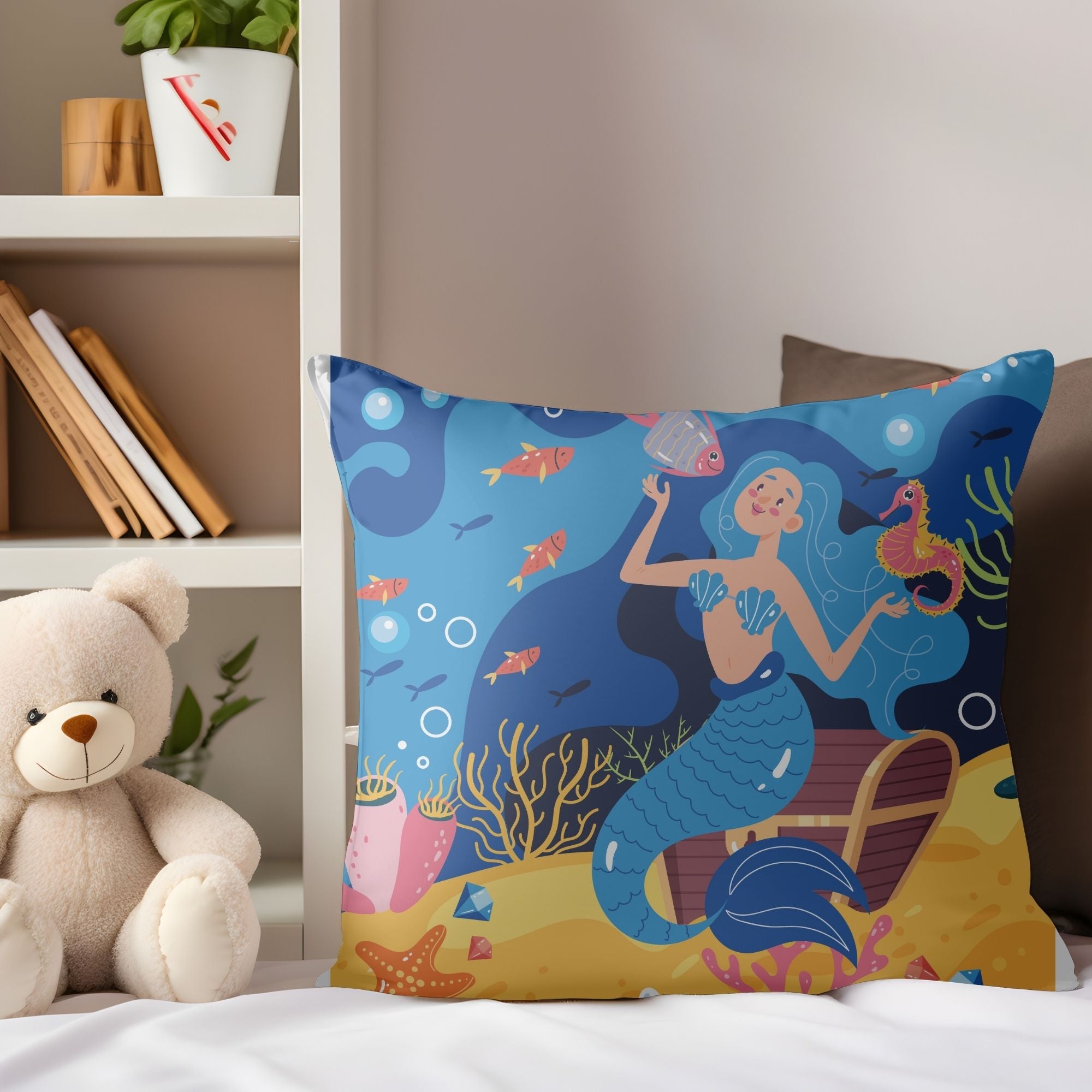 A colorful pillow featuring a vibrant mermaid pattern, perfect for girls' rooms, with a light cream back.