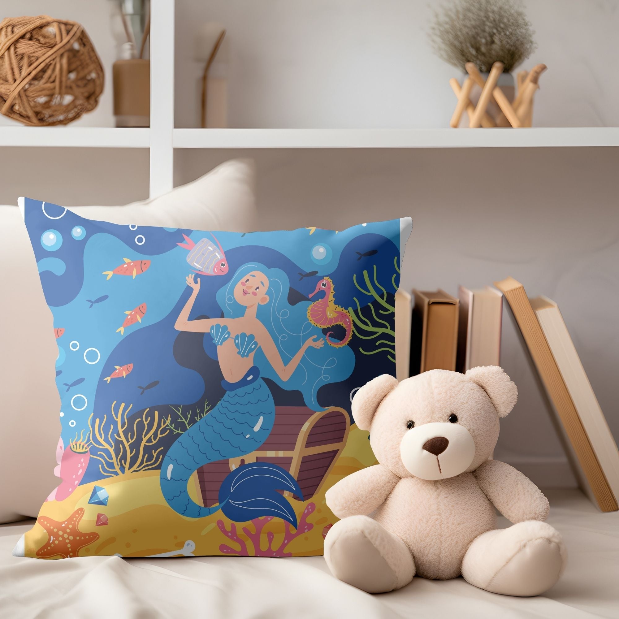 A colorful pillow featuring a vibrant mermaid pattern, perfect for girls' rooms, with a light cream back.