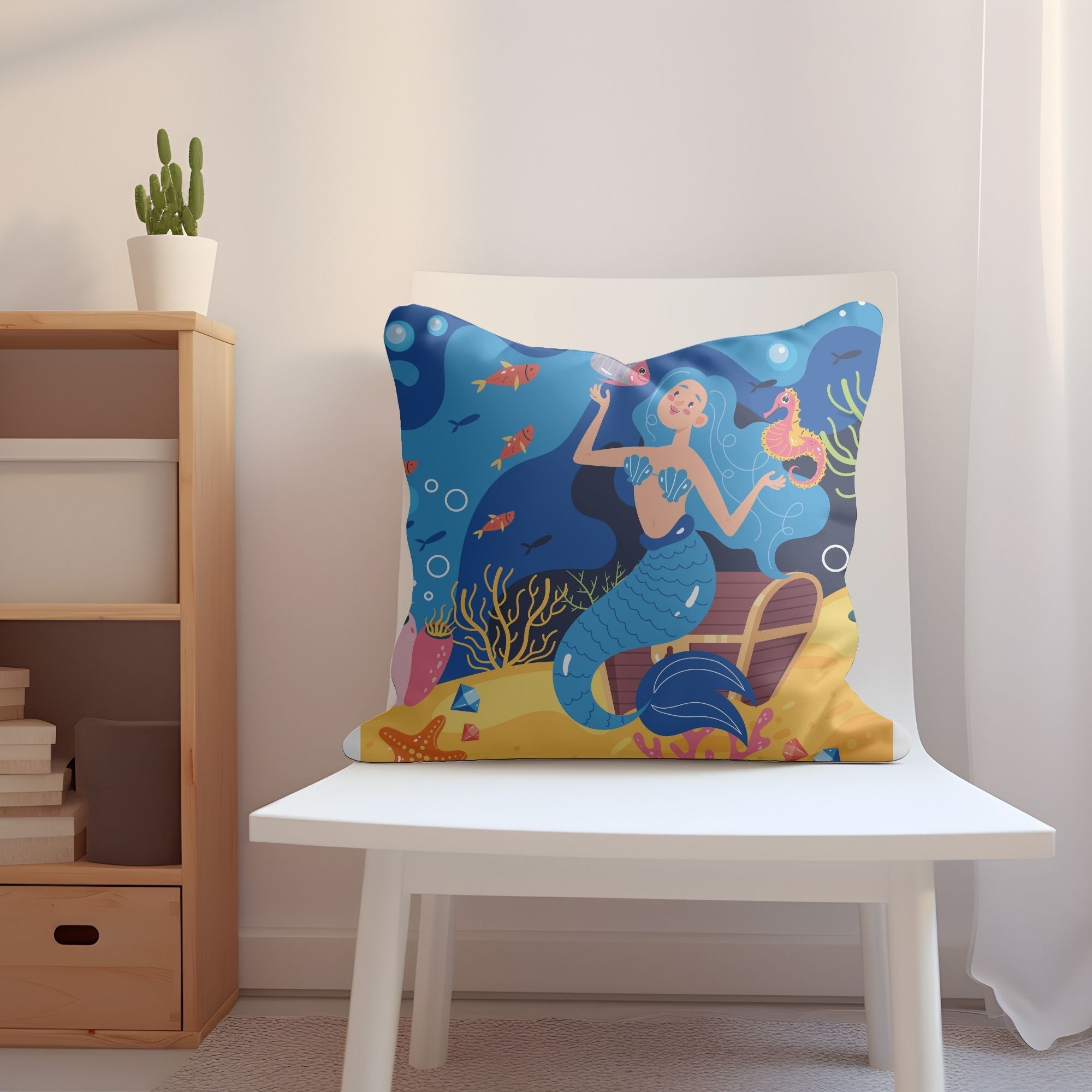 A colorful pillow featuring a vibrant mermaid pattern, perfect for girls' rooms, with a light cream back.