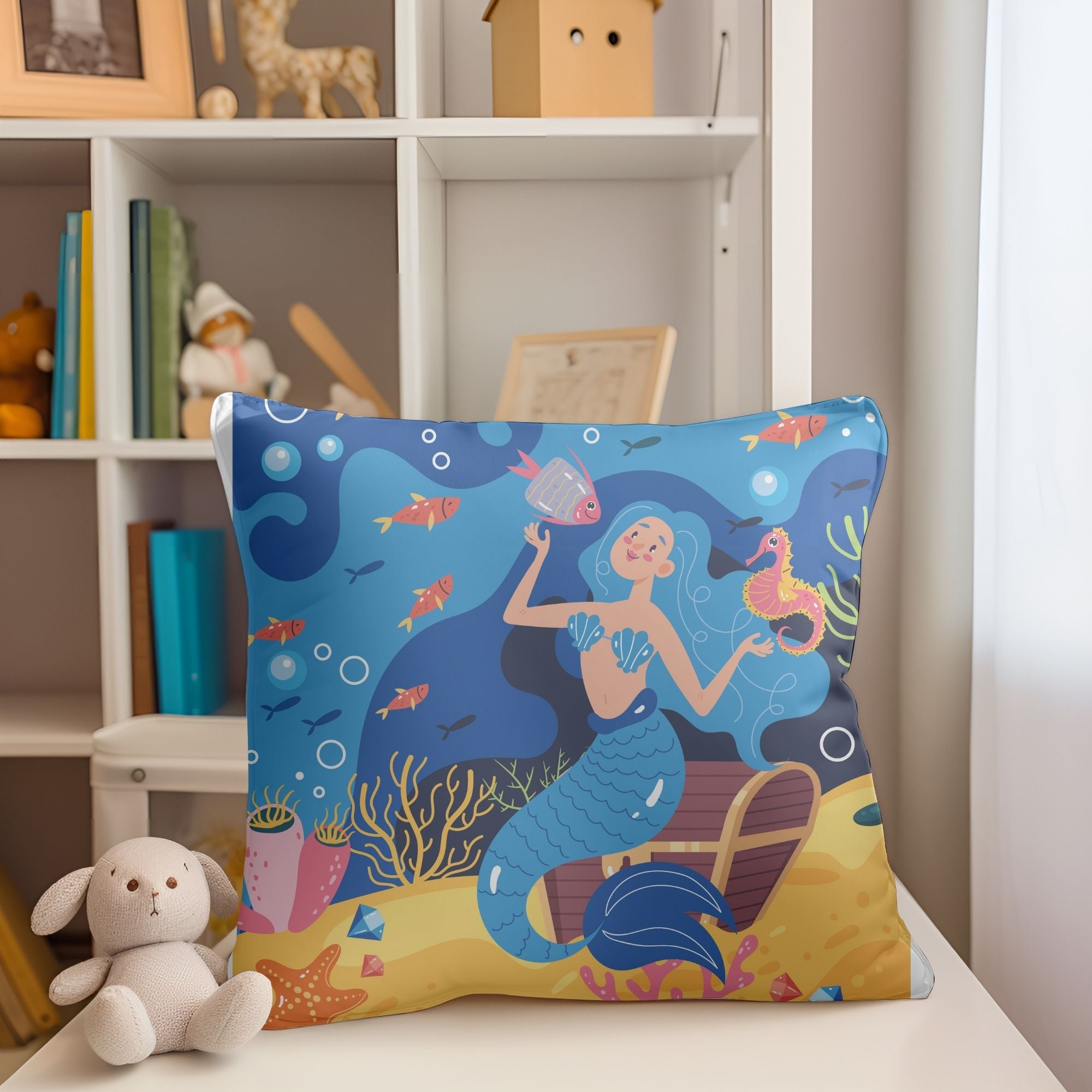 A colorful pillow featuring a vibrant mermaid pattern, perfect for girls' rooms, with a light cream back.