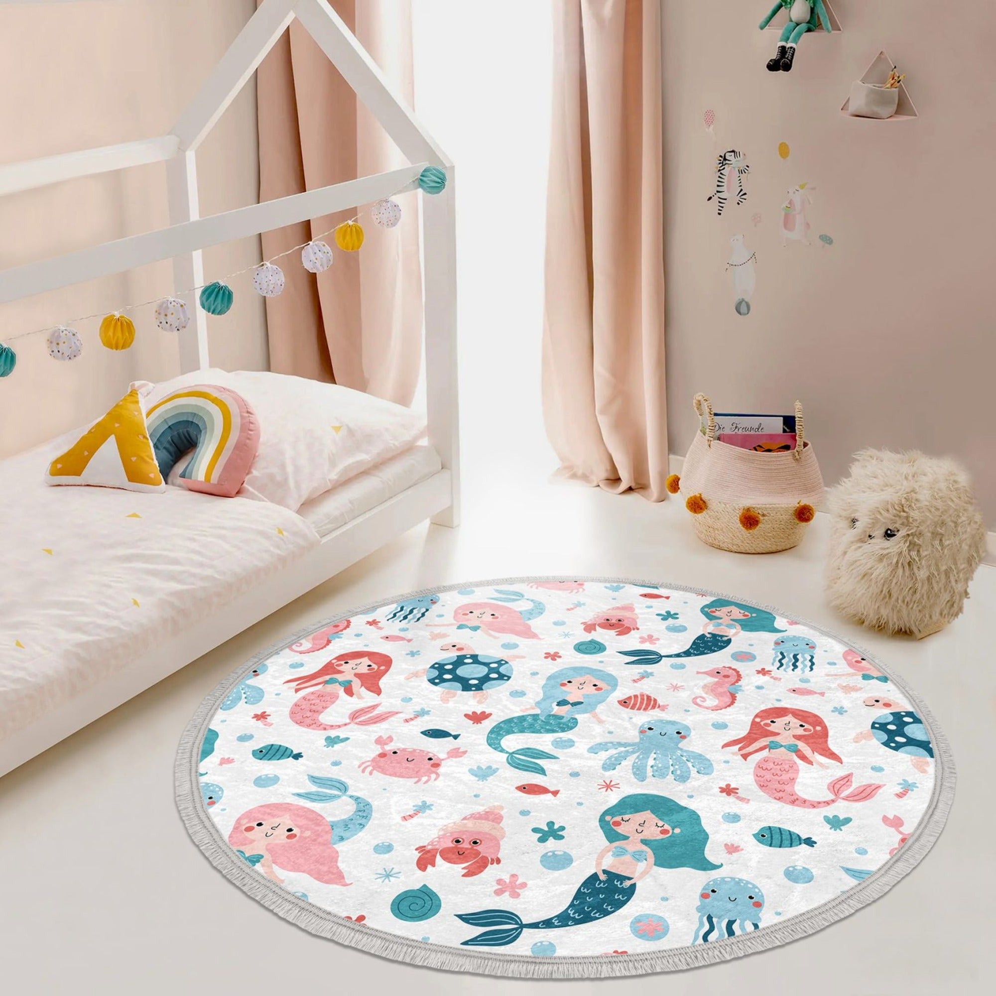 A vibrant round rug featuring a colorful mermaid design, perfect for kids' bedrooms, made of soft velvet fabric with fringes.