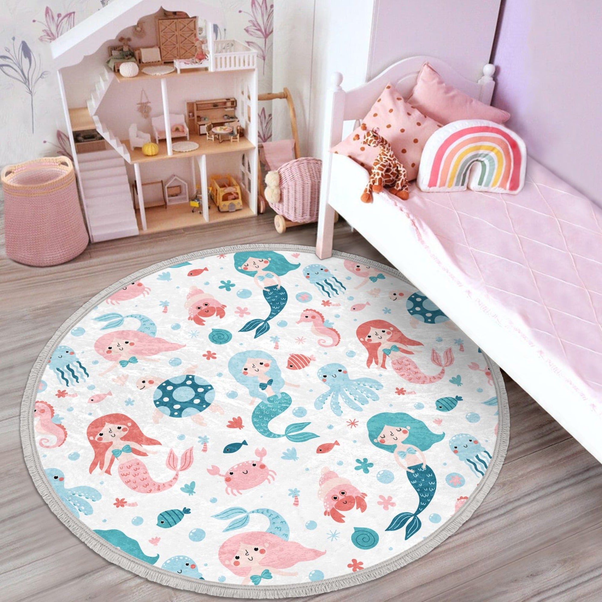 A vibrant round rug featuring a colorful mermaid design, perfect for kids' bedrooms, made of soft velvet fabric with fringes.