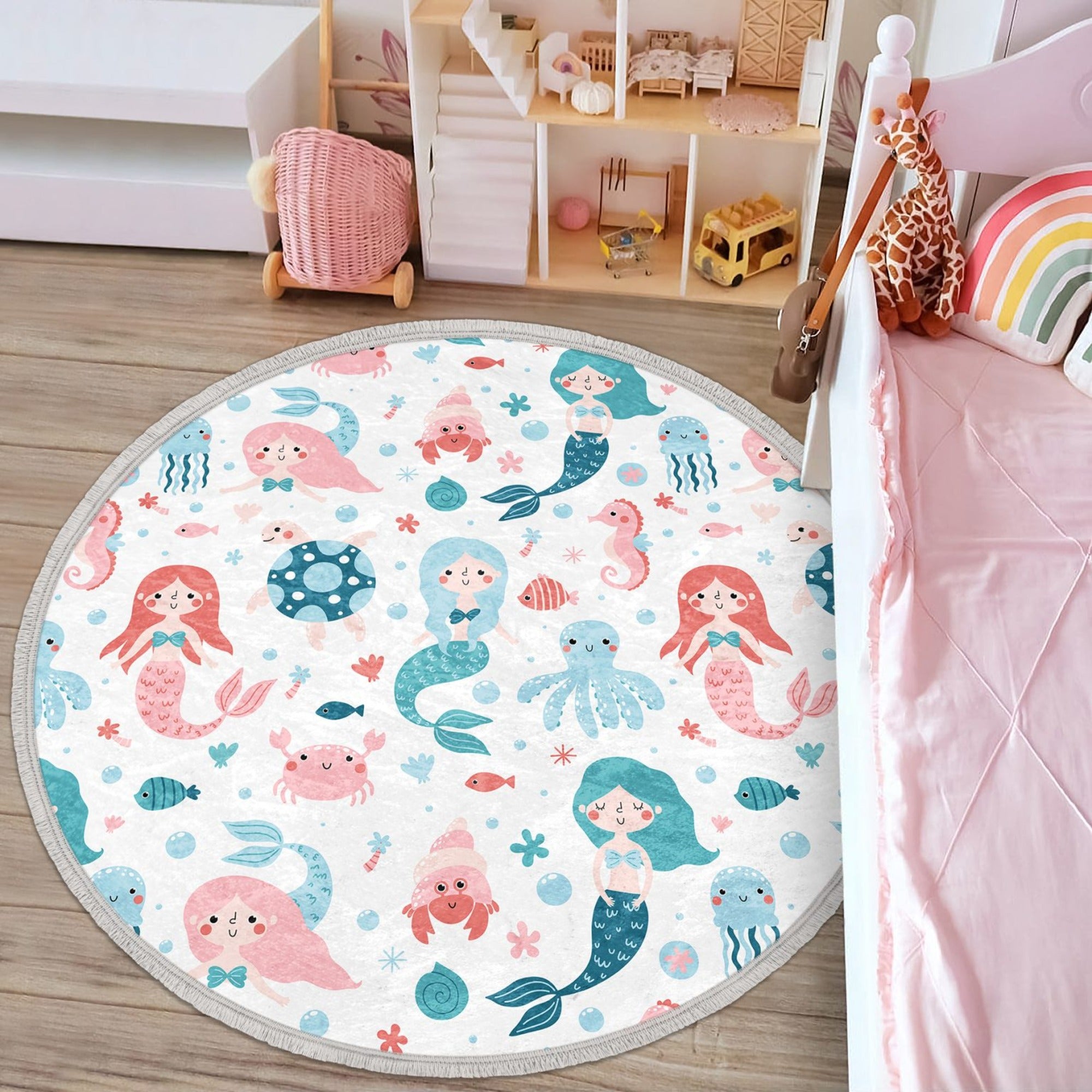 A vibrant round rug featuring a colorful mermaid design, perfect for kids' bedrooms, made of soft velvet fabric with fringes.