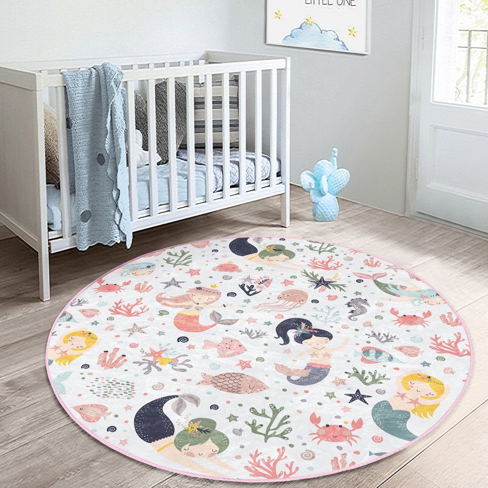 Colorful Mermaids Under the Ocean Kids Rug featuring vibrant underwater designs, perfect for children's rooms.