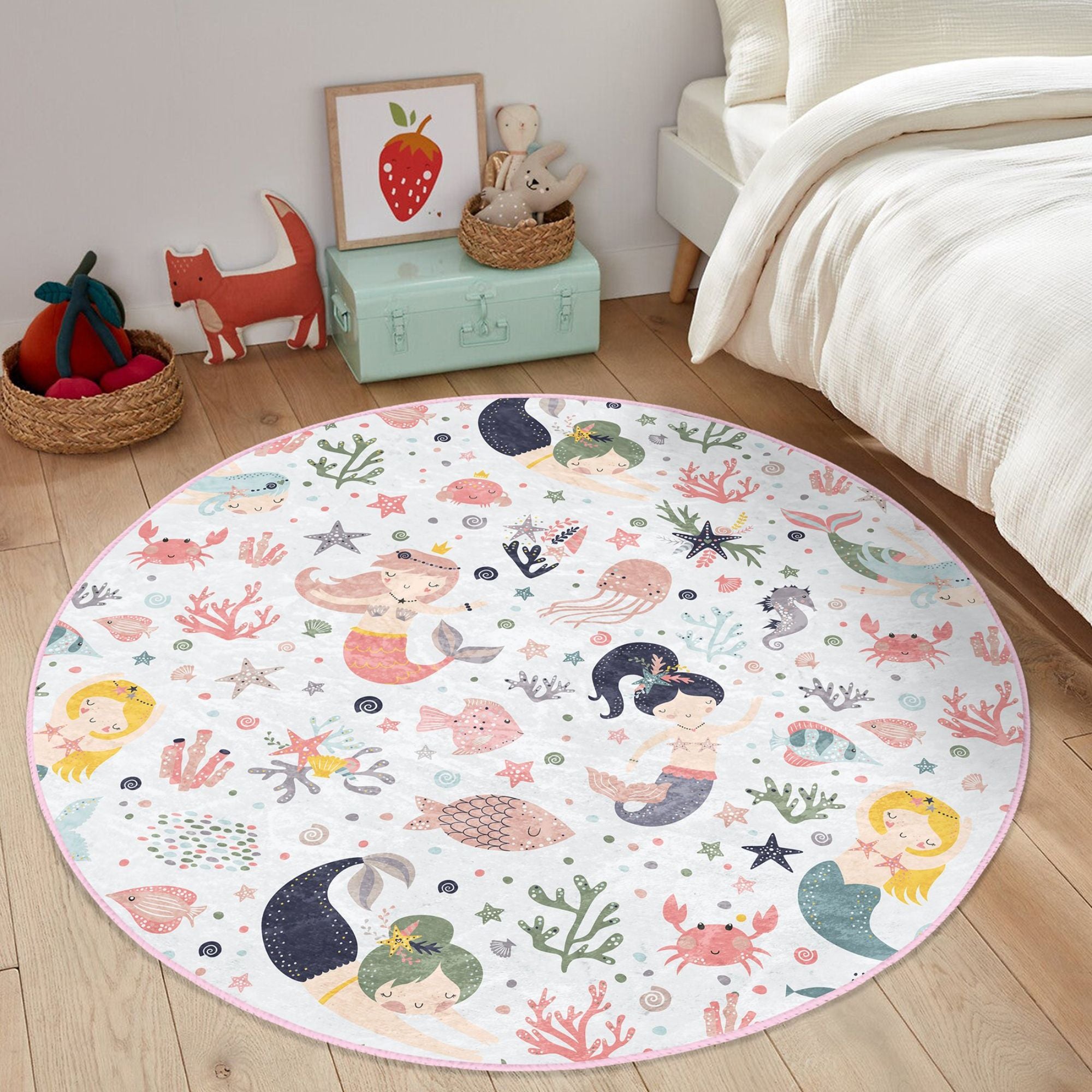 Colorful Mermaids Under the Ocean Kids Rug featuring vibrant underwater designs, perfect for children's rooms.