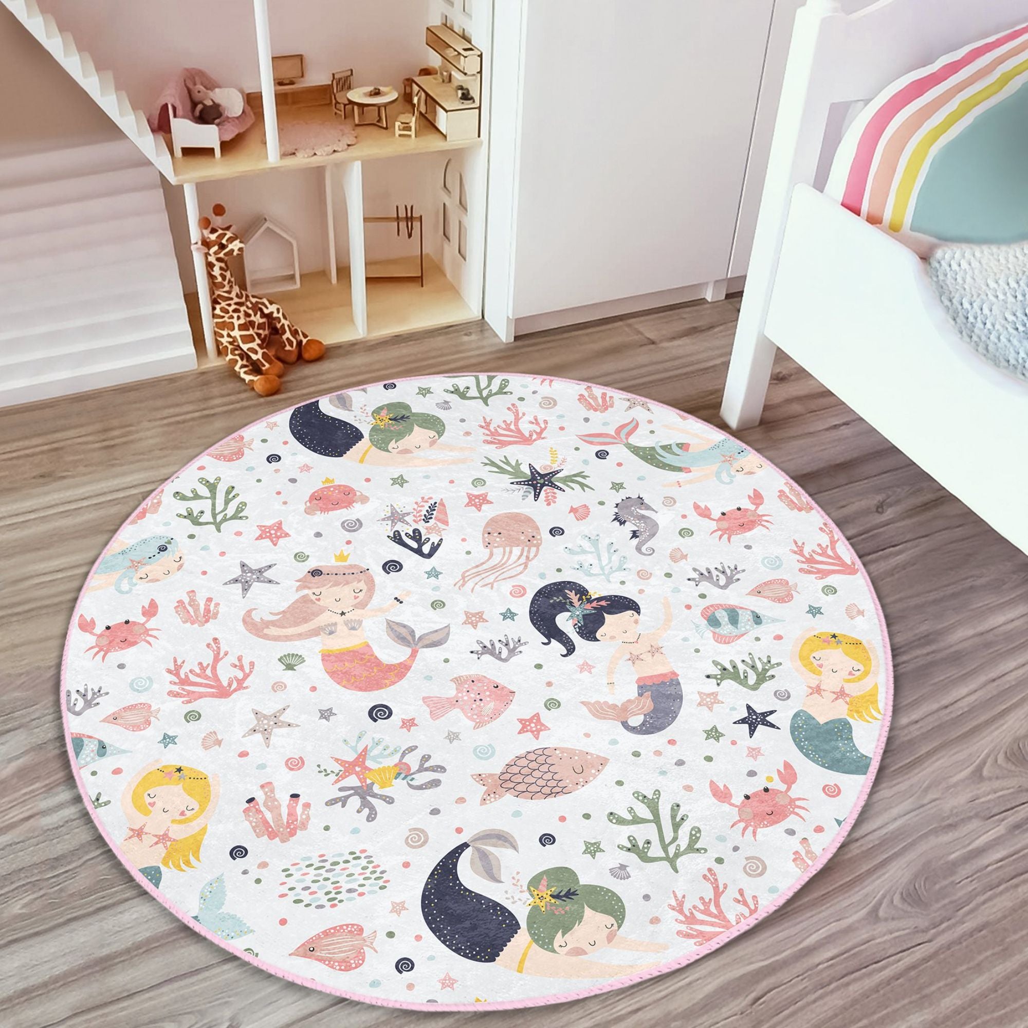 Colorful Mermaids Under the Ocean Kids Rug featuring vibrant underwater designs, perfect for children's rooms.