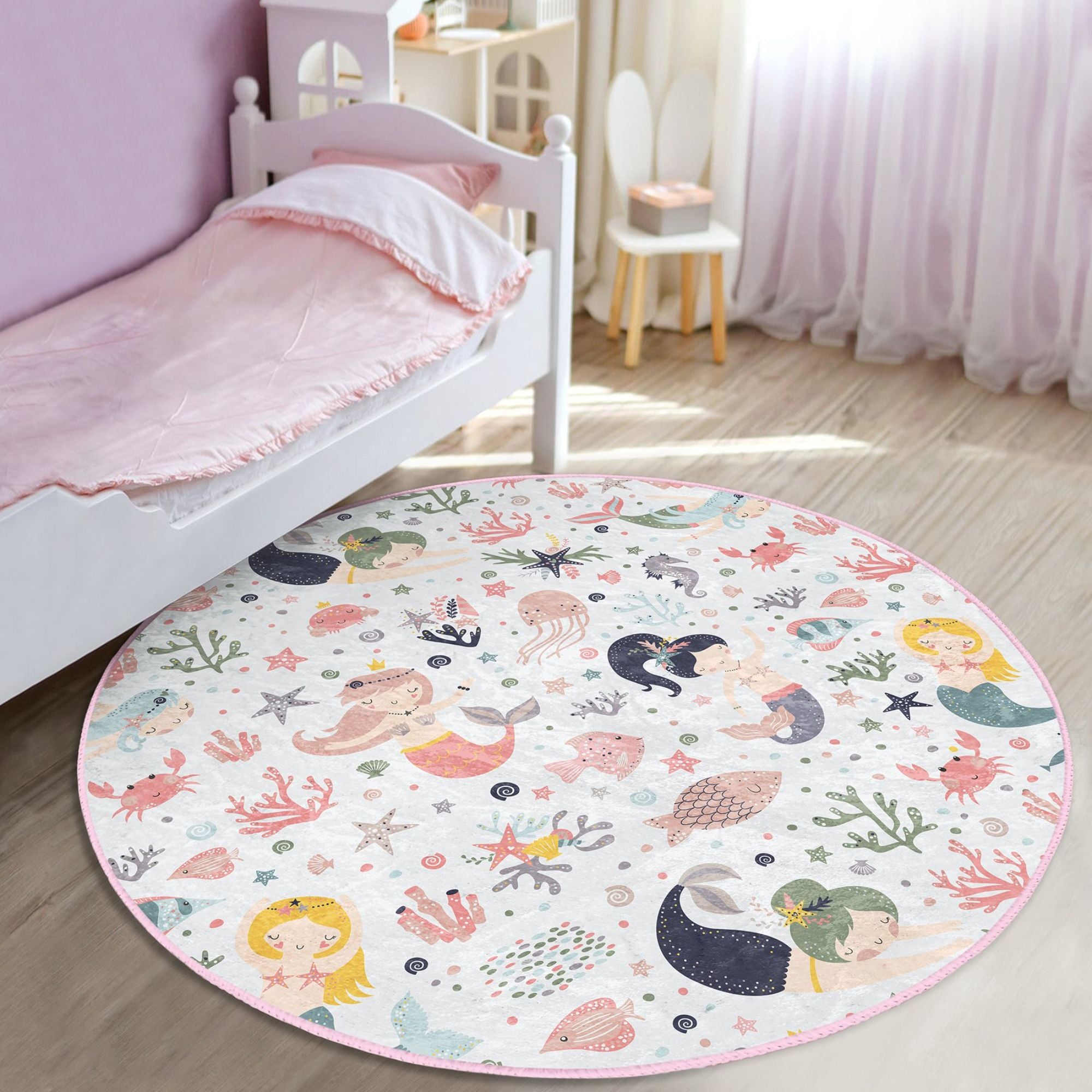 Colorful Mermaids Under the Ocean Kids Rug featuring vibrant underwater designs, perfect for children's rooms.