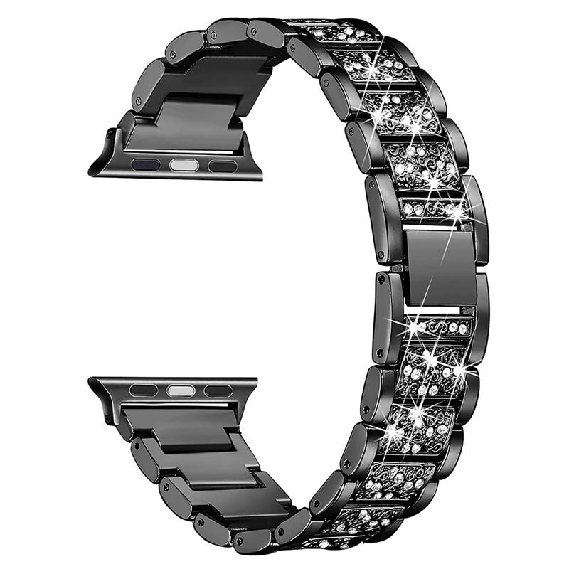 Stylish metal band for Apple Watch in stainless steel with rhinestones, showcasing elegance and luxury.