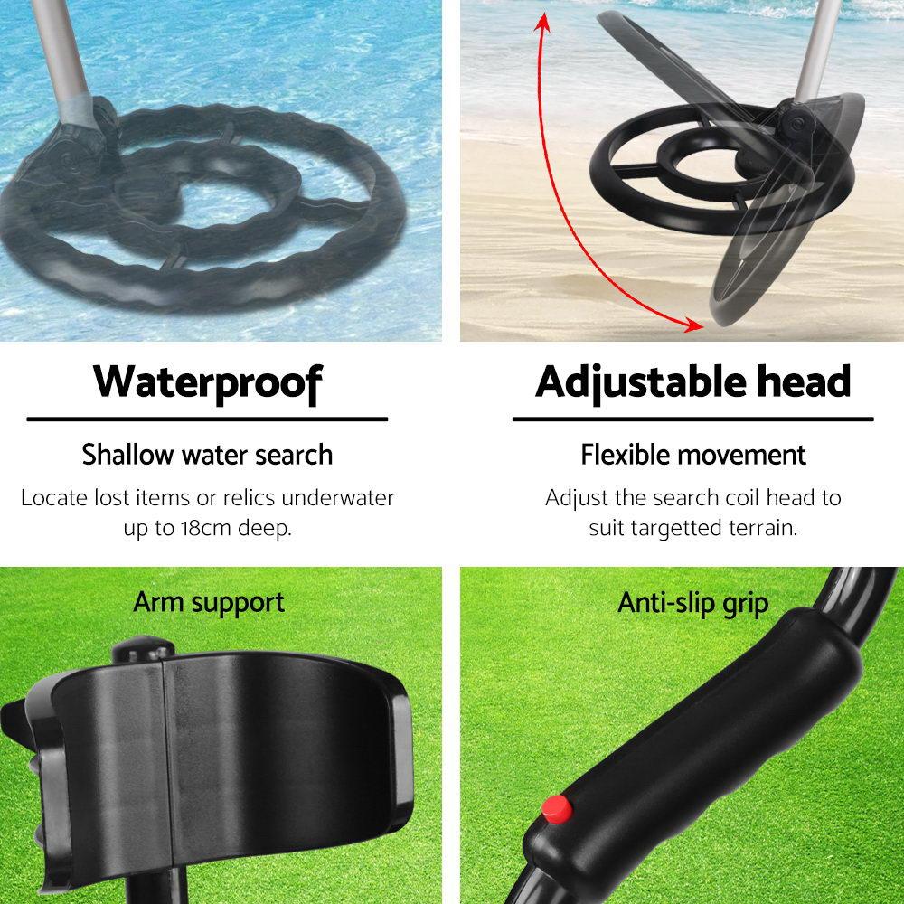 A Metal Detector Pinpointer with a waterproof search coil and adjustable shaft, ideal for treasure hunting in various environments.