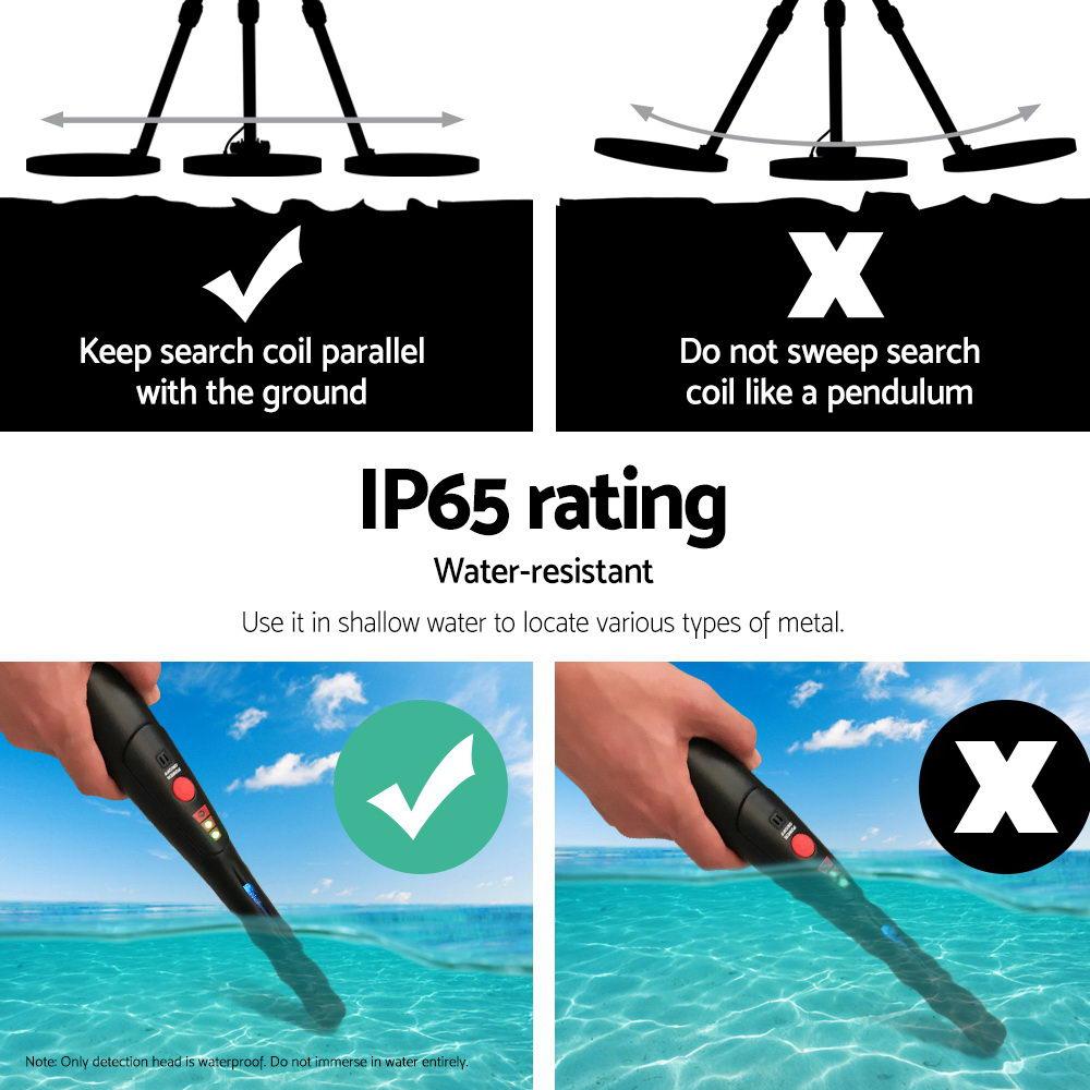 A Metal Detector Pinpointer with a waterproof search coil and adjustable shaft, ideal for treasure hunting in various environments.