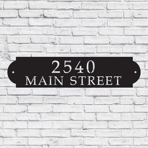 Horizontal metal house address sign with modern design, featuring pre-drilled holes for easy installation.