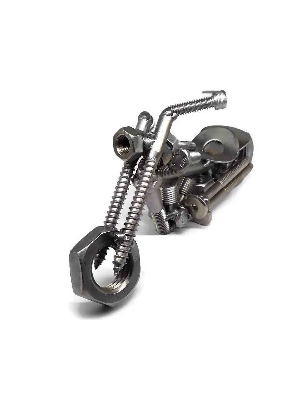 Handmade metal motorcycle figurine crafted from scrap steel, featuring intricate details of nuts, bolts, and washers, finished with a clear protective coat.