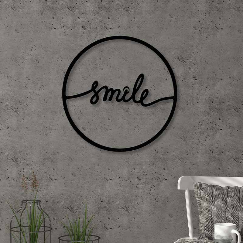 Black metal wall art featuring the word SMILE, measuring 45x2x45cm, perfect for home or business decor.