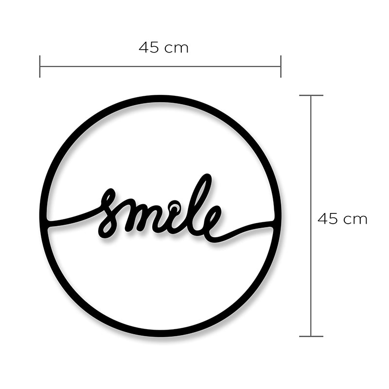 Black metal wall art featuring the word SMILE, measuring 45x2x45cm, perfect for home or business decor.