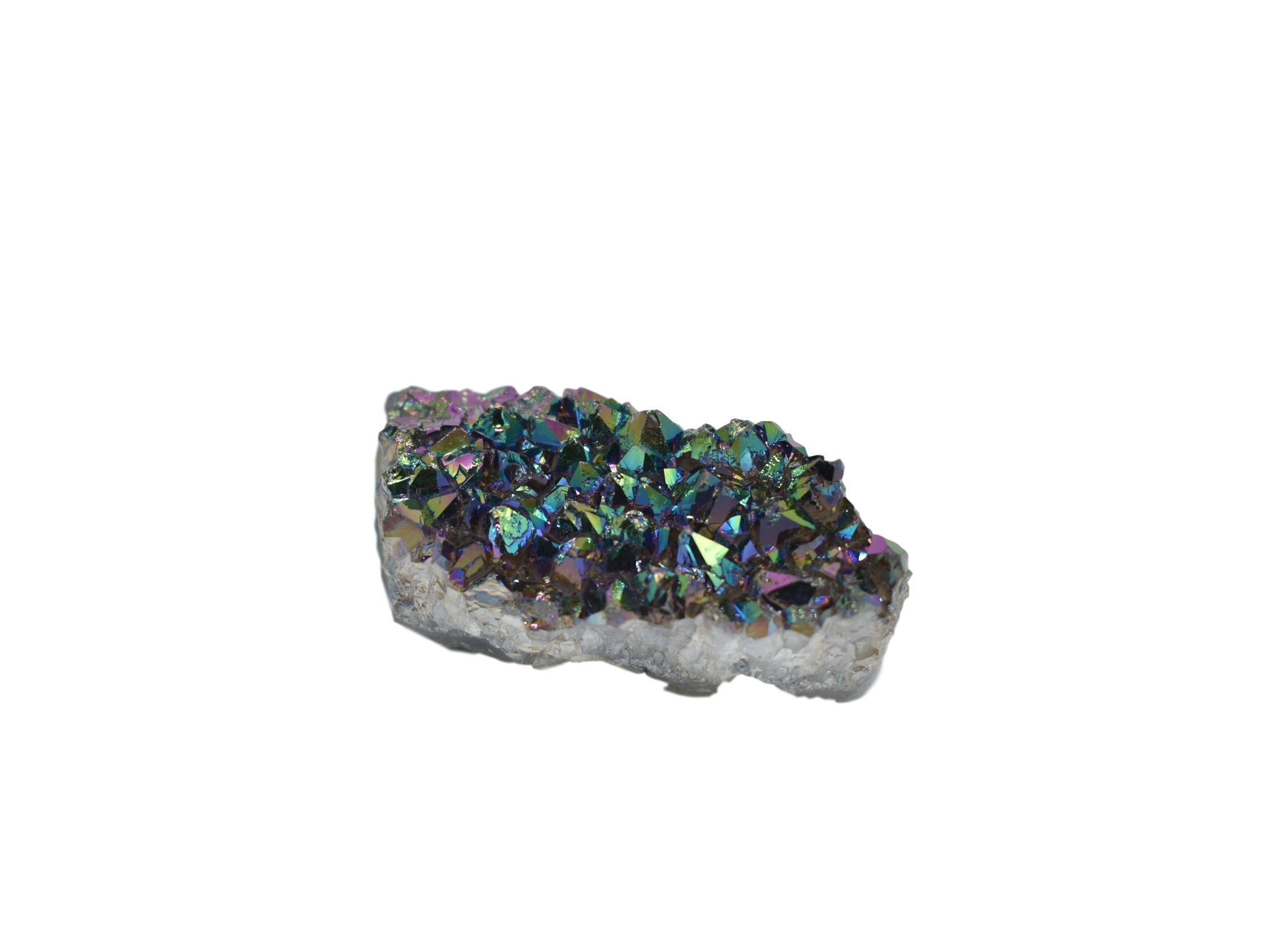 A small metalized amethyst chunk showcasing vibrant purple hues and a shiny metallic coating, perfect for home decor.