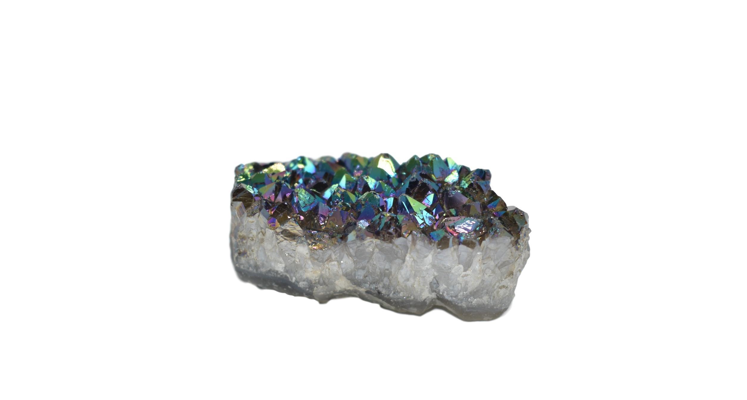 A small metalized amethyst chunk showcasing vibrant purple hues and a shiny metallic coating, perfect for home decor.