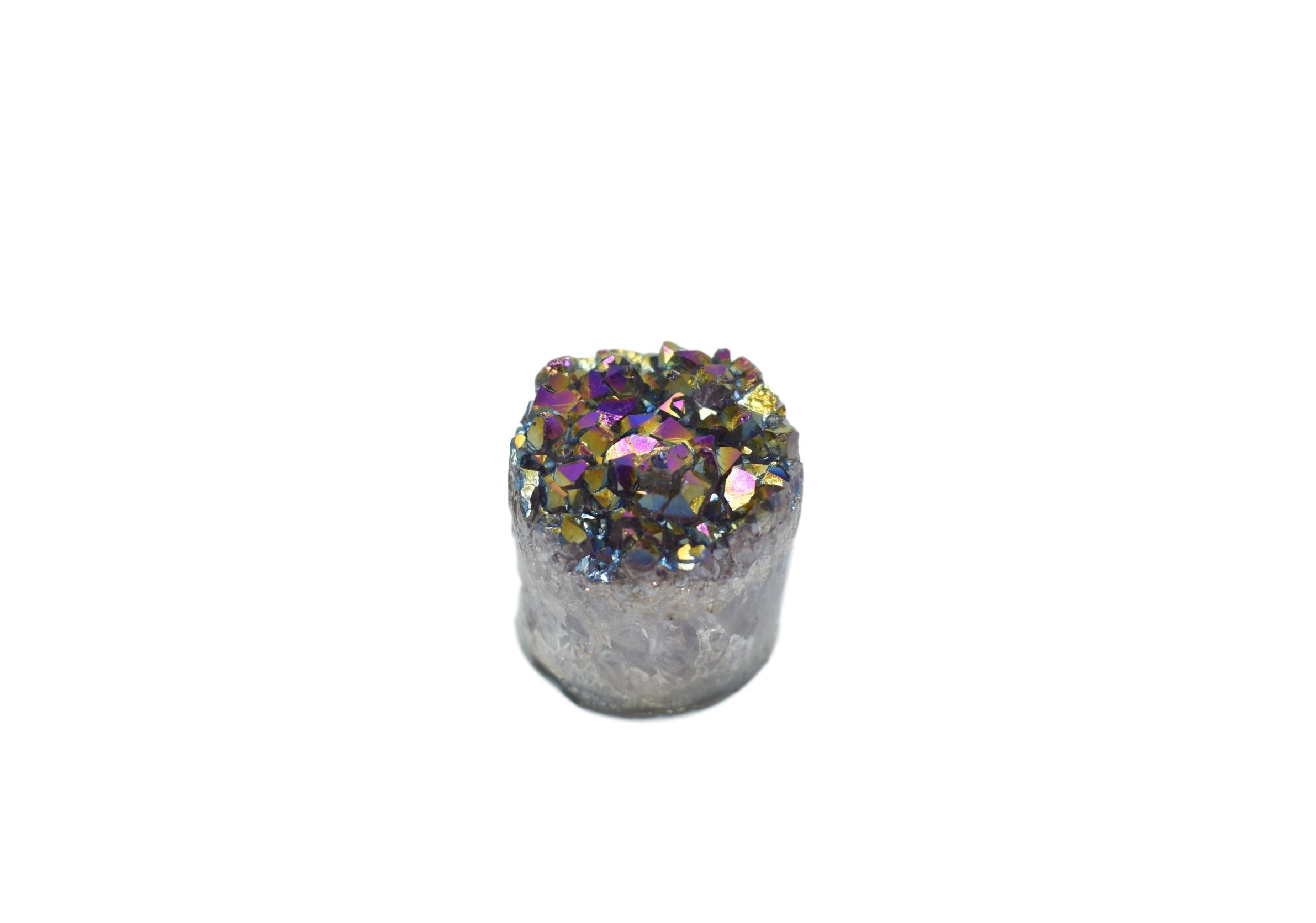 A stunning Metalized Amethyst Cylinder showcasing vibrant purple hues with a reflective metallic coating, perfect for gemstone collections.