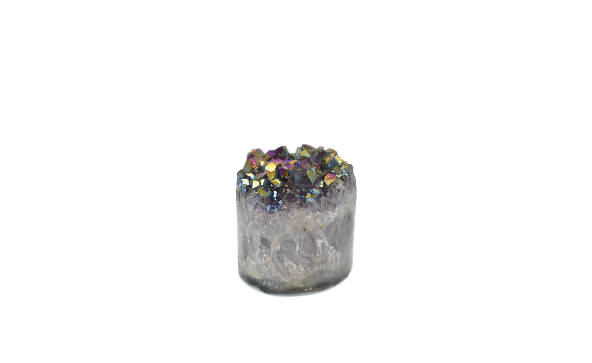 A stunning Metalized Amethyst Cylinder showcasing vibrant purple hues with a reflective metallic coating, perfect for gemstone collections.