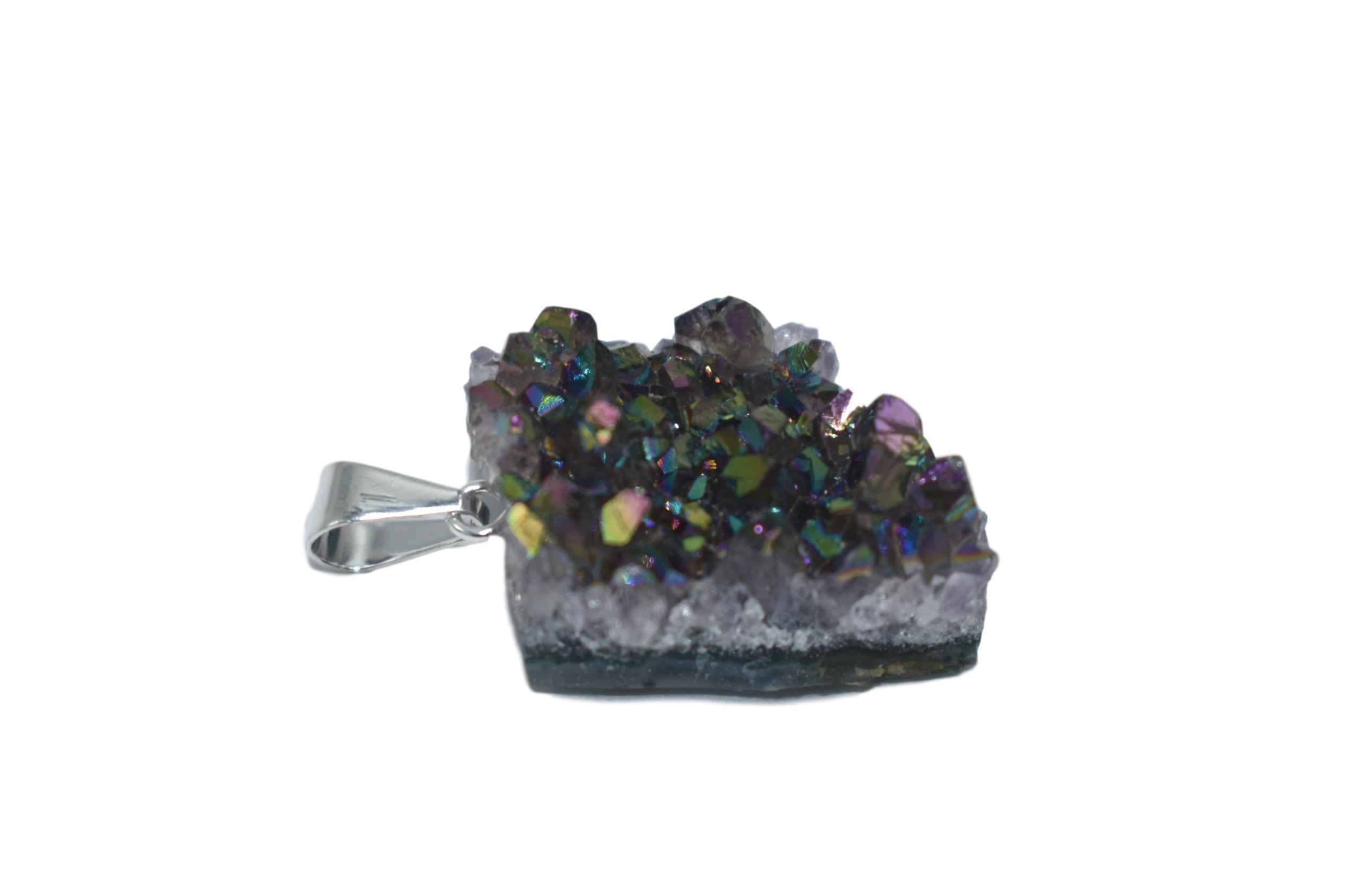 A beautiful metalized amethyst pendant showcasing a vibrant sheen, perfect for gemstone jewelry lovers.