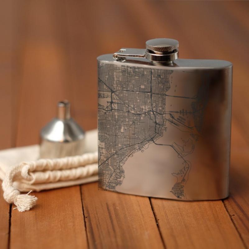 Custom engraved Miami Florida map on a 6oz hip flask with a funnel and canvas bag.