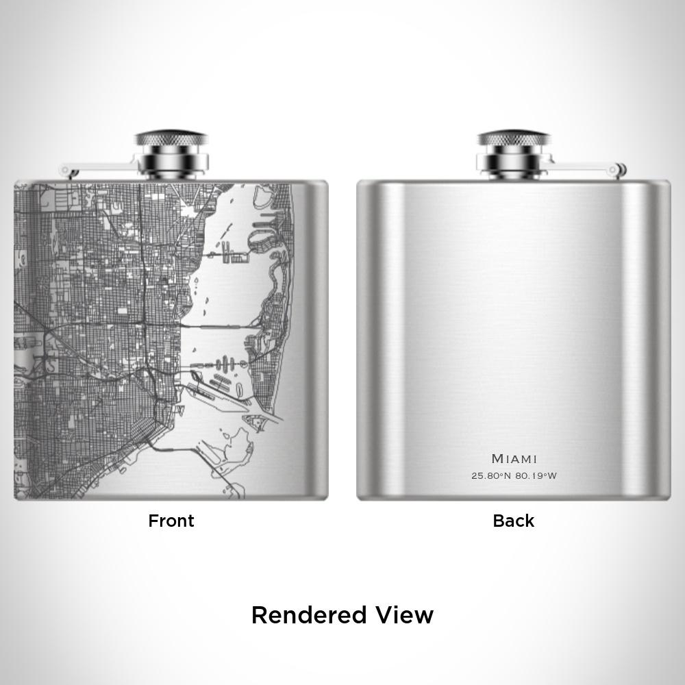 Custom engraved Miami Florida map on a 6oz hip flask with a funnel and canvas bag.