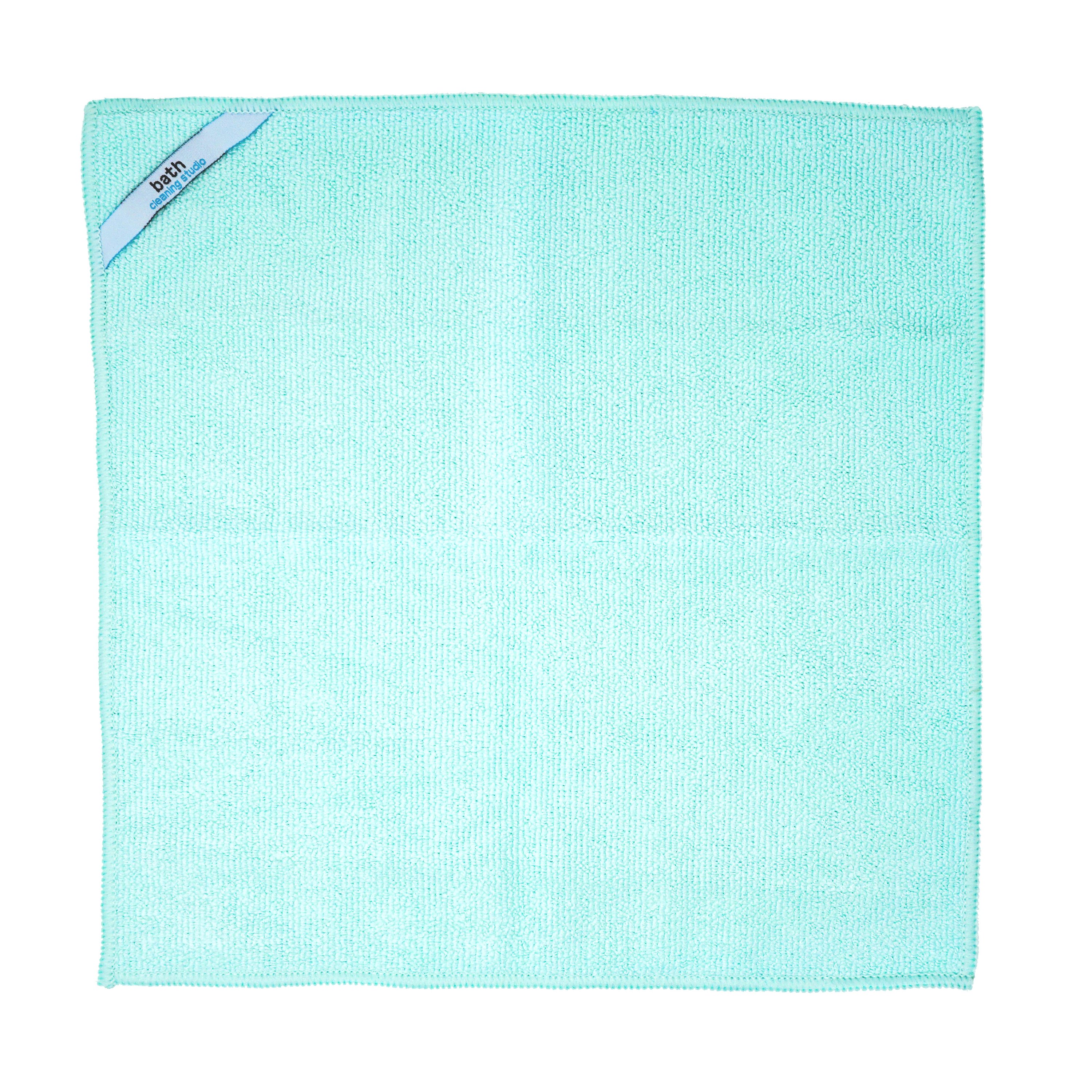 Three assorted microfiber cleaning cloths designed for bathroom cleaning, featuring color-coded tags for specific tasks and corner tags for easy hanging.