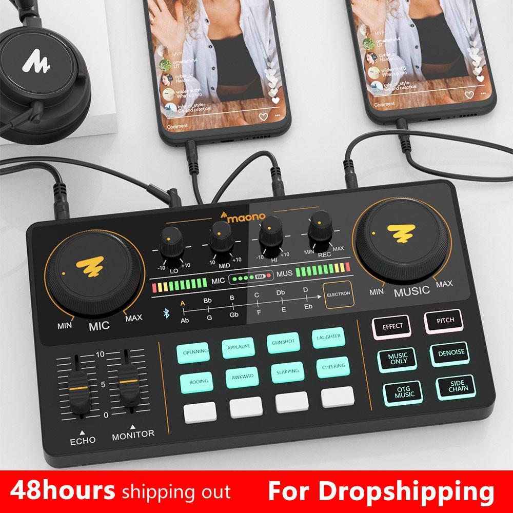 Professional microphone mixer with adjustable volume controls and USB-C connectivity, designed for live streaming and recording.