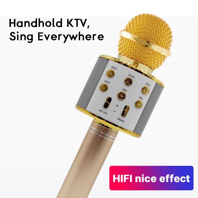 Professional Bluetooth Wireless Microphone Speaker Handheld, ideal for karaoke with a sleek design and durable metal shell.