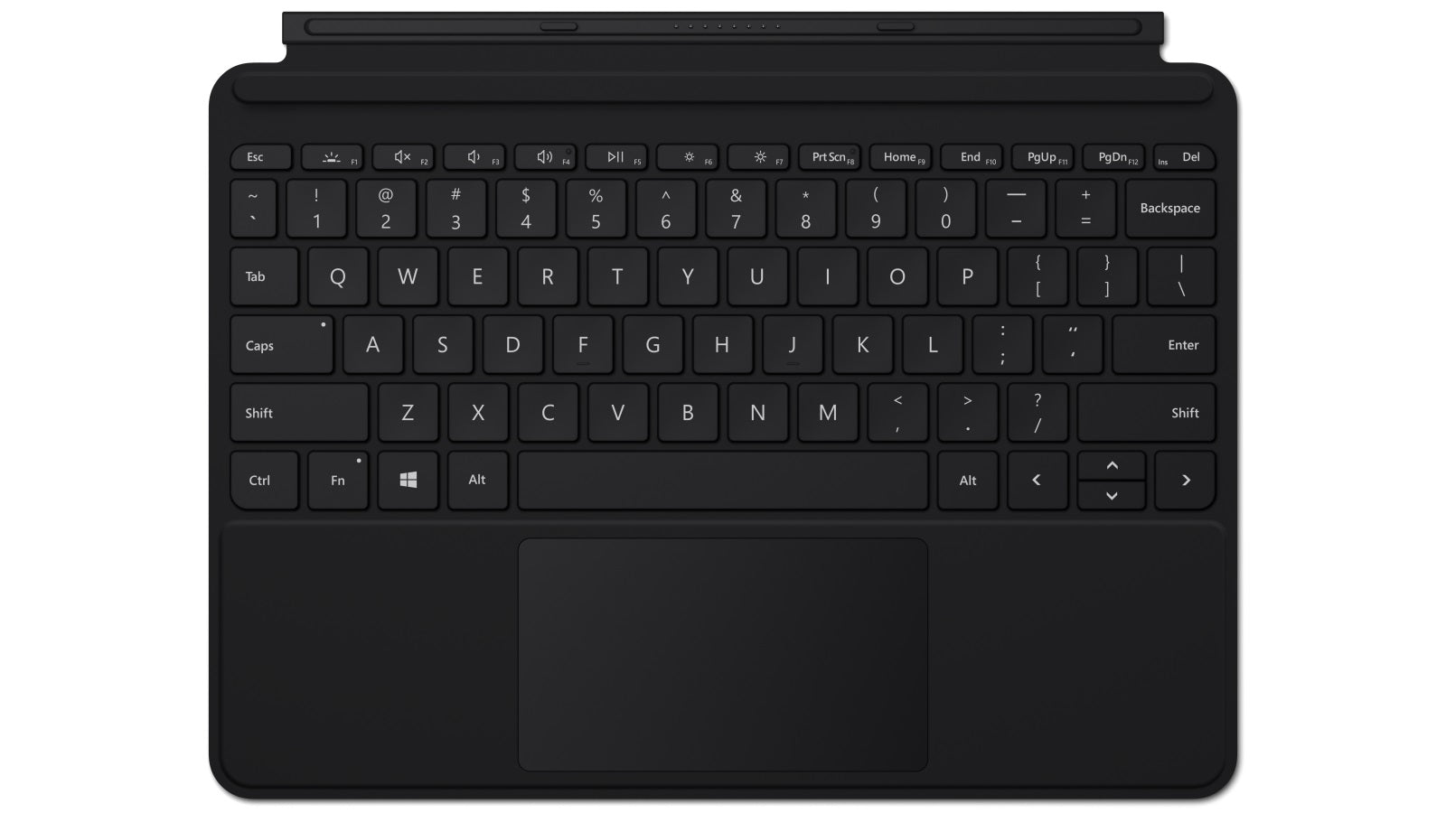 Microsoft Surface GoType Cover in black, featuring a full keyset, backlit keys, and a large trackpad, designed for Surface Go 2.