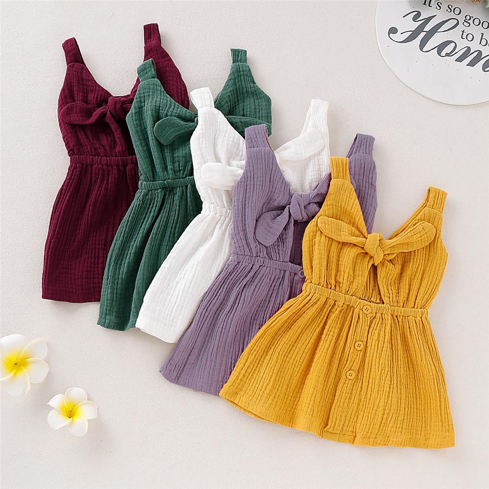 Mikrdoo Summer Hot Sale Solid Color Kids Baby Girl Party Dress featuring a boat neck and suspender sleeves in a vibrant solid color.