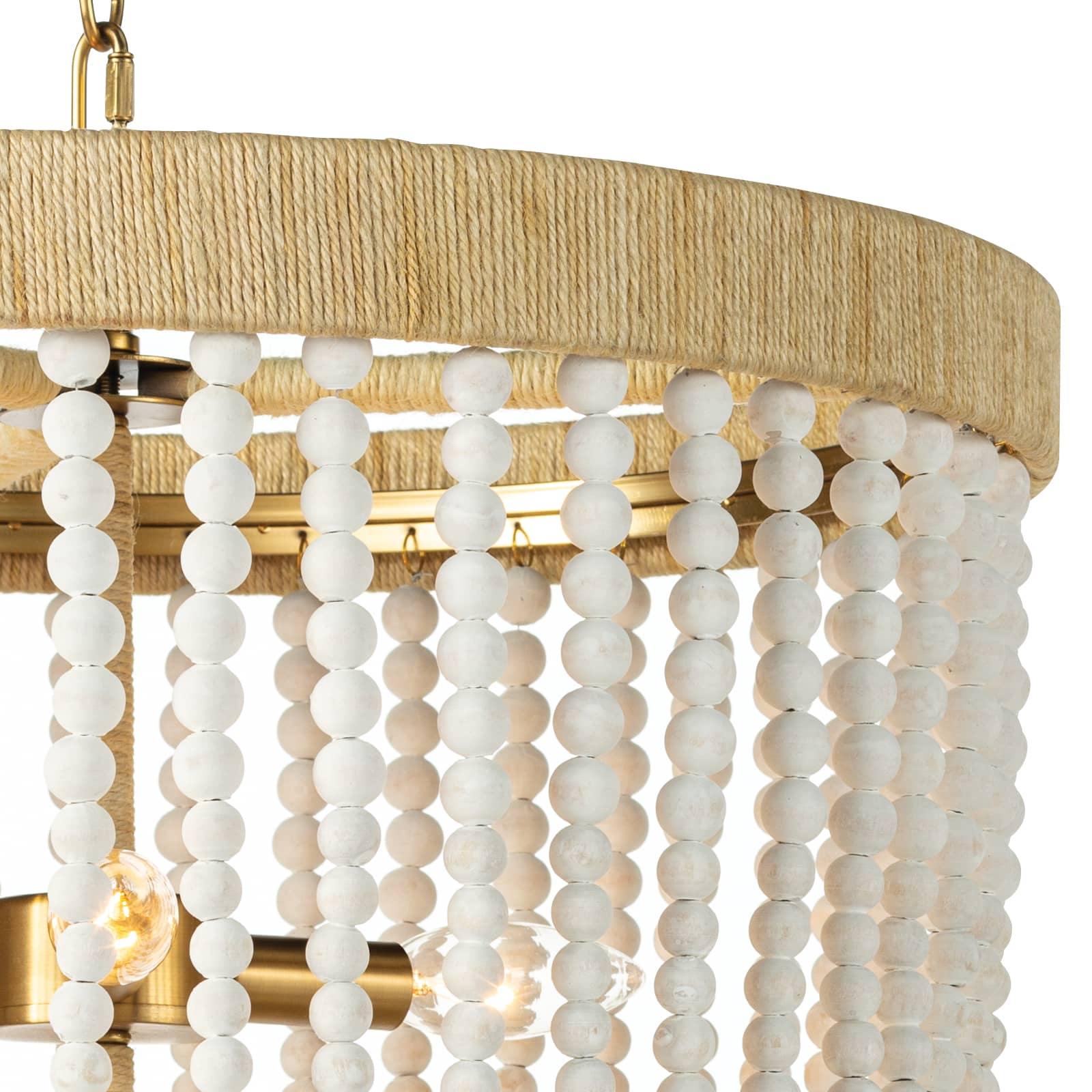 Milos Chandelier featuring a rattan-wrapped frame and white finish, perfect for coastal and farmhouse decor.