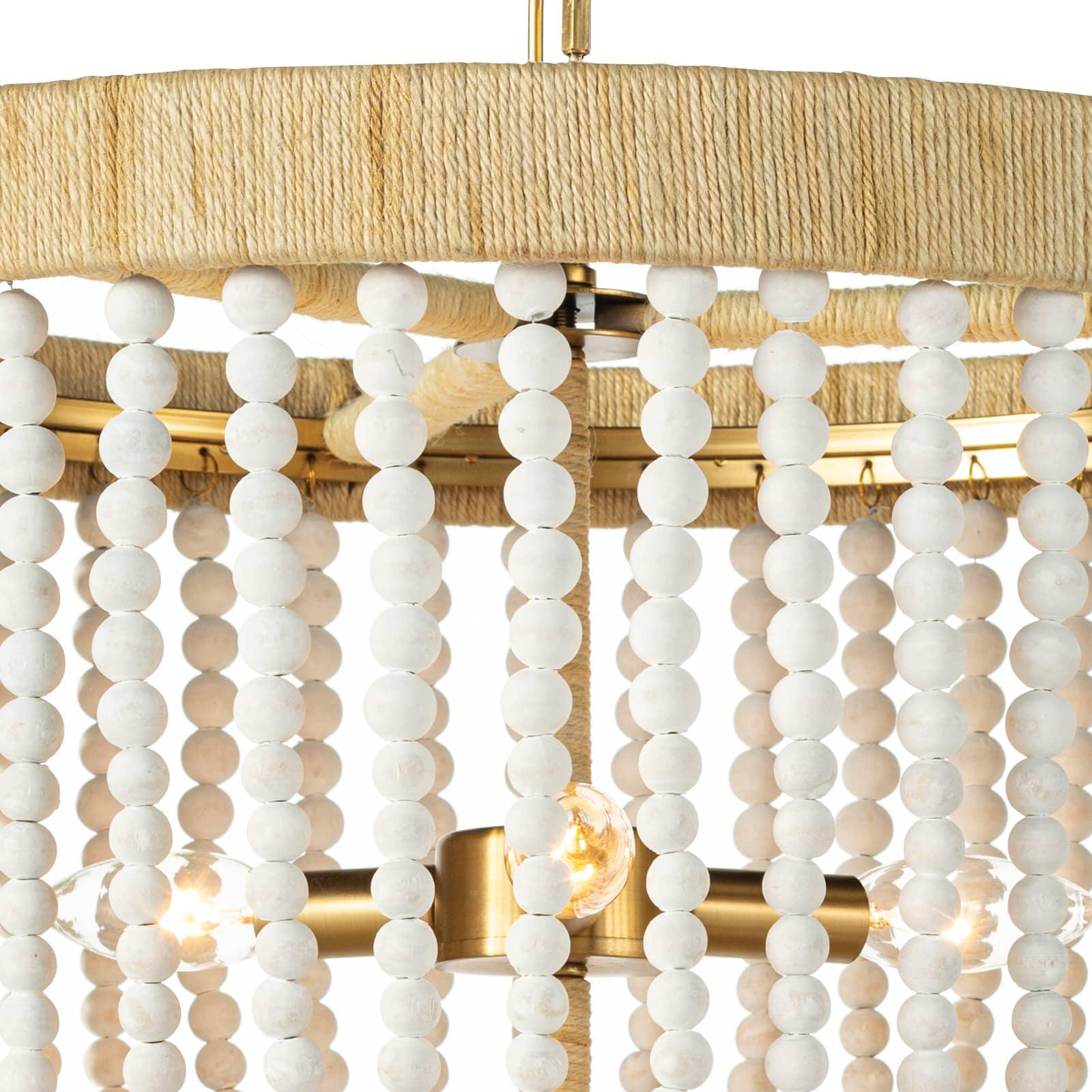 Milos Chandelier featuring a rattan-wrapped frame and white finish, perfect for coastal and farmhouse decor.