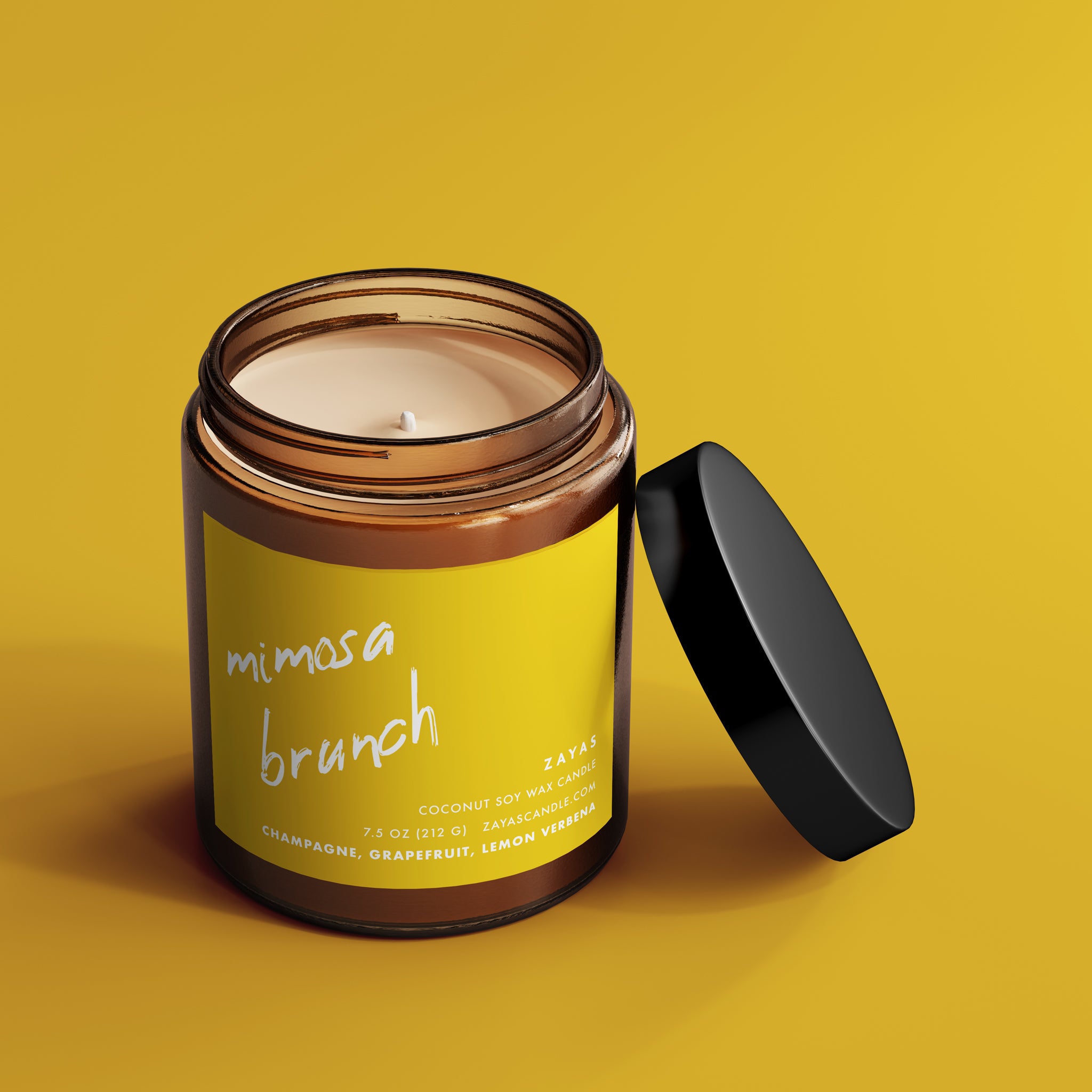 Mimosa Brunch candle in a reusable glass jar, featuring vibrant citrus and champagne scents.