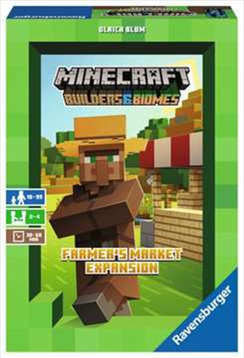 Minecraft Game Expansion featuring a farmers market with trading elements, building tiles, and vegetable tokens.