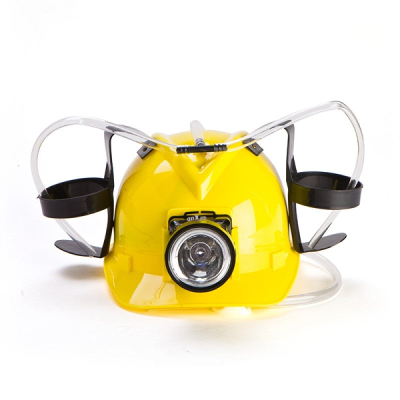 Bright yellow miner drinking hat with built-in light for hands-free drinking.