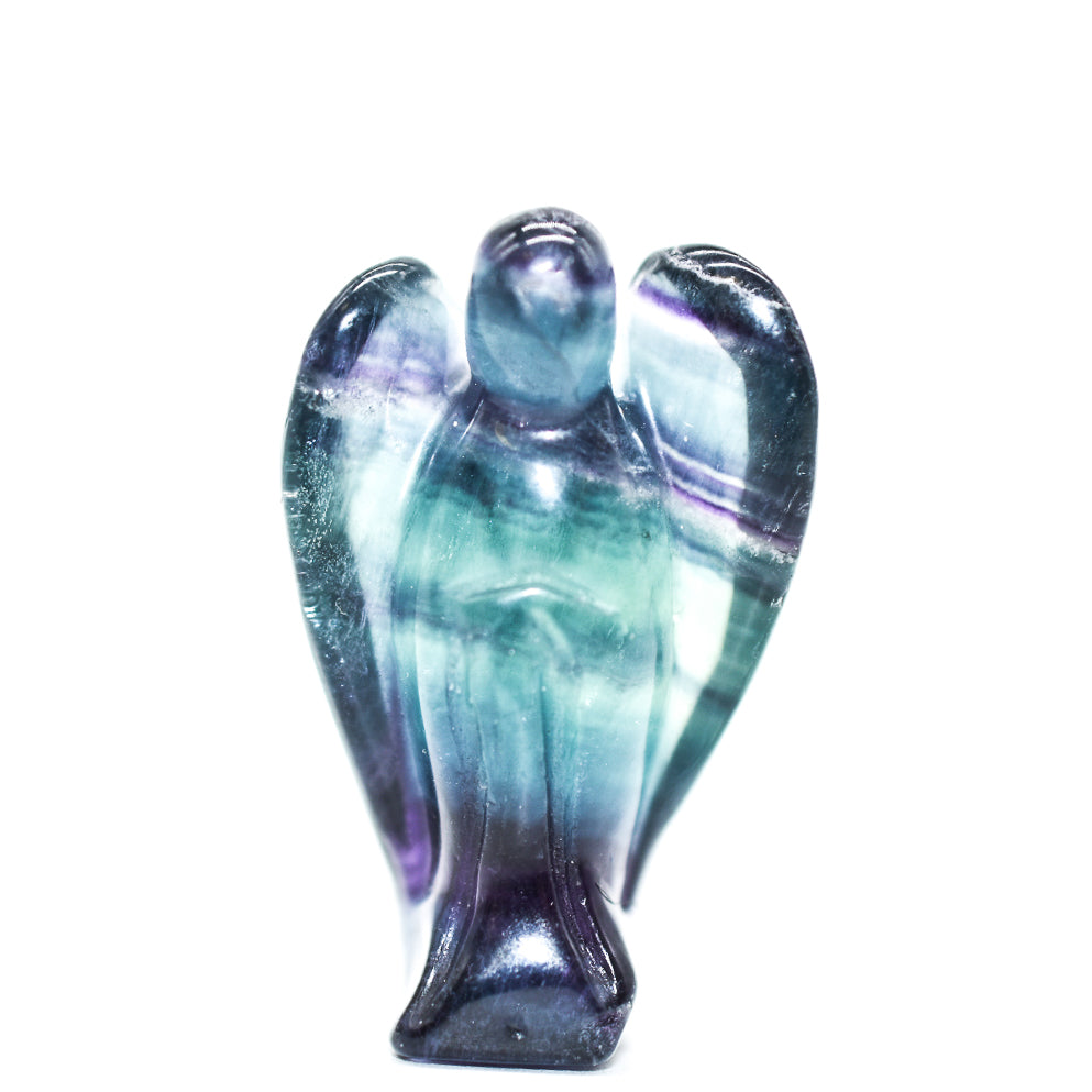 A collection of Mini Angel Carvings made from Angelite, Fluorite, Amethyst, Quartz, and Rose Quartz, showcasing their intricate details and vibrant colors.