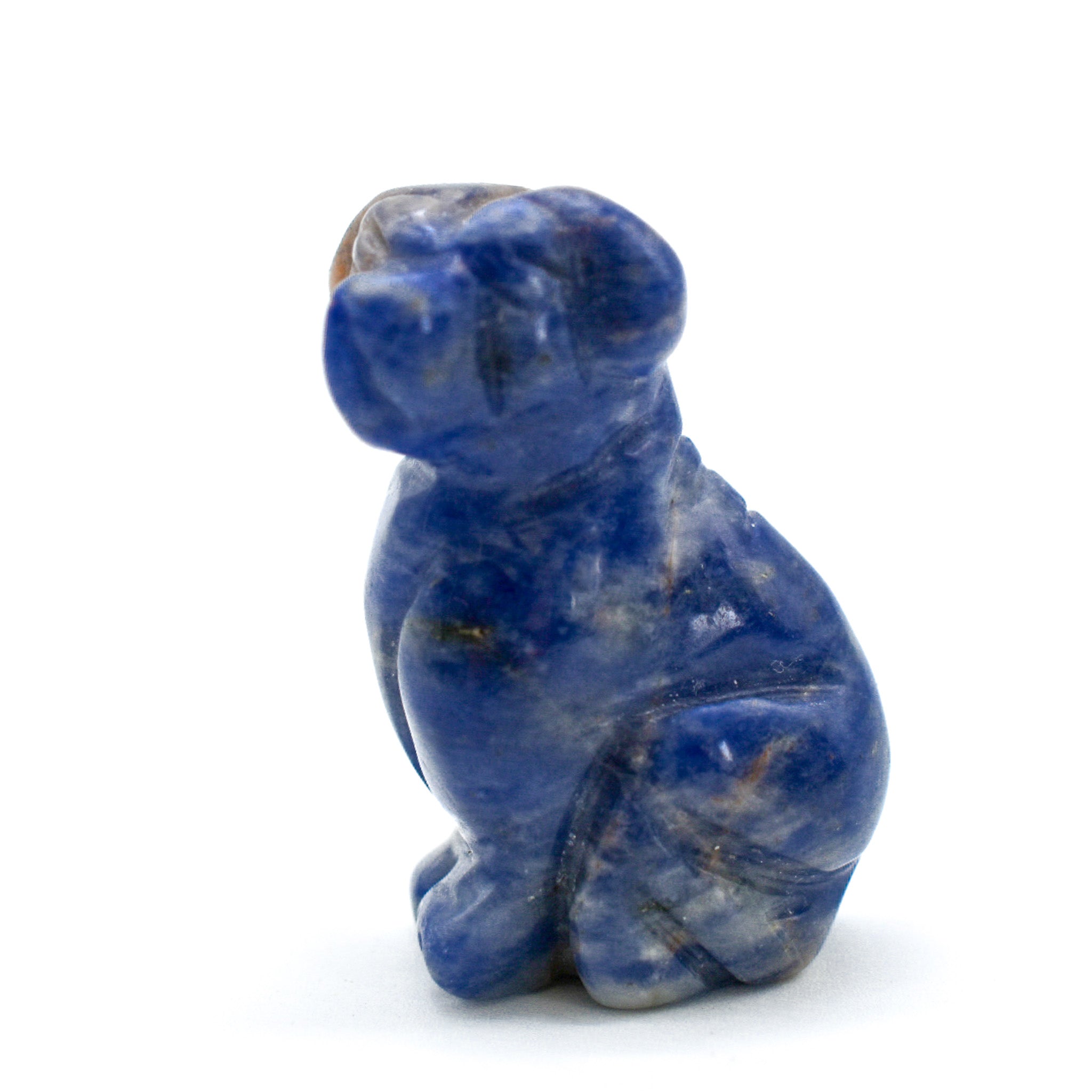 A collection of Mini Crystal Carved Dogs made from various gemstones, showcasing different breeds and sizes.