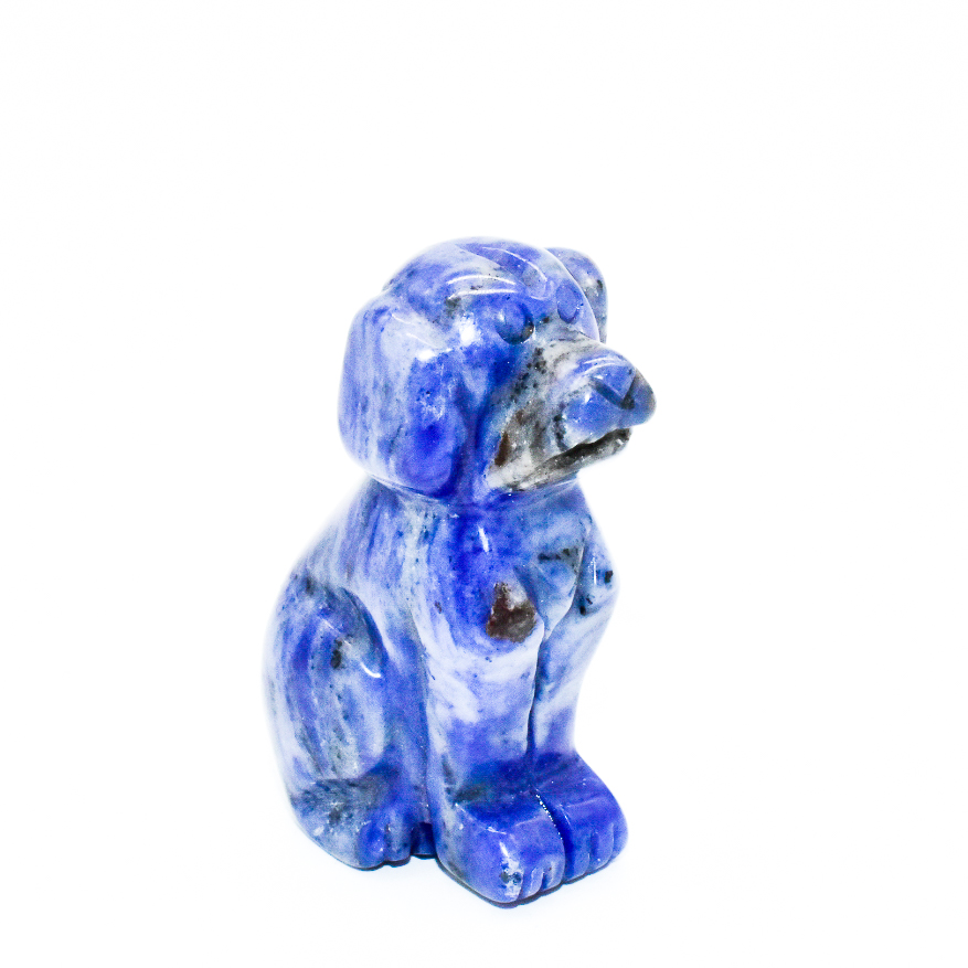 A collection of Mini Crystal Carved Dogs made from various gemstones, showcasing different breeds and sizes.