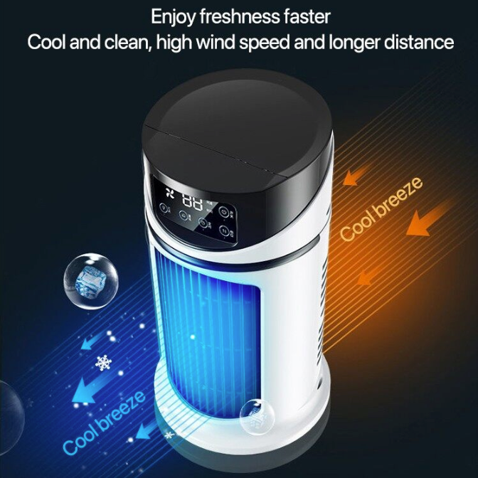 Mini Portable Water Air Cooling Fan in white, showcasing its compact design and water tank feature.